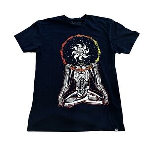 Into the AM black graphic short sleeved T shirt, skeleton sun, orange yellow, M.